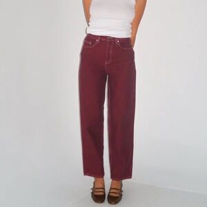 Kotn Straight Leg Jeans in Burgundy with Contrast stitching
